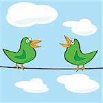 Cartoon illustration of a couple of birds chirping on a wire