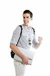 Happy student positive gesture with laptop computer isolated on white