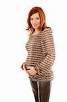 Beautiful pregnant redhead woman fashion white background