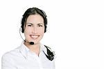 Brunette beautiful businesswoman headset microphone headphots