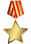 Gold star with red and golden striped ribbon on white background (vector)