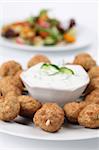 Roast meatballs on skewers and tzatziki dip. Shallow DOF