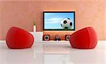 red armchair in a modern living room with home theatre system -rendering,the image on screen is a my composition