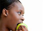Cute woman eating apple against white background
