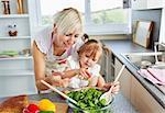 Attractive mother and child cooking in kitchen