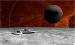 Space scene of sufrace of planet with spaceship