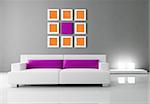 minimal interior with white and purple couch - rendering