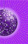 Disco ball in shades of purple and lilac with rays in the background.