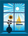 vector sailboat on the sea outside window, Adobe Illustrator 8 format