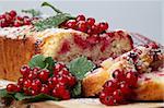 Homemade sponge cake with fresh organic red currants and sugar icing