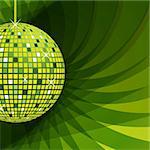 Disco ball in green with sparkles set on an elegant green abstract background.