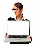 Young successful career woman holds her laptop open, copyspace provided on screen