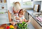 Mother and daughter preparing a salad in kitchen