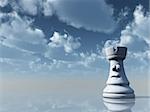 white chess rook with comic face under cloudy blue sky - 3d illustration