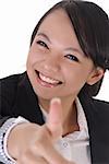 Cute office lady with smiling face give you a excellent sin by thumbs up gesture.