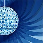 Disco ball in blue with sparkles set on an elegant blue abstract background.