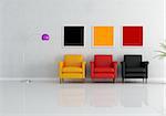 three colored armchair in a minimalist living room - rendering