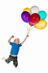 Little boy flying behind a bunch of balloons, isolated on a white background.