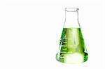 A green liquid in an erlenmeyer flask isolated on a white background.