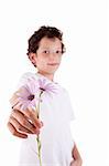 cute boy offering flowers, isolated on white, studio shot