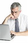 senior businessmen focused on laptop work computer white background