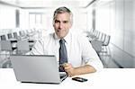 businessman senior gray hair working laptop interior modern white office
