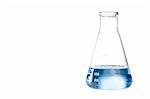 A blue liquid in an erlenmeyer flask isolated on a white background.