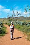 Woman hiking along desert landscape