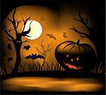 Halloween background with moon, bats and pumpkin