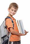 Boy holding books isolated on a white background