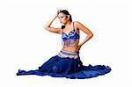 Beautiful Israeli Egyptian Lebanese Middle Eastern fashion belly dancer performer in blue skirt and bra with hand holding head, isolated.