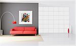 minimalist interior with red couch and big windows - rendering - the art picture on wall is a my rendering composition