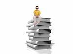 Boy sit on top of pile of white books over white background