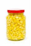 Sweet corn in glass jar isolated on white