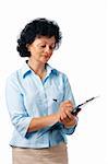 Portrait of a mature woman taking notes over white background