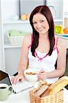 Radiant woman using her laptop during breakfast at home in the kitchen