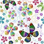 White seamless floral pattern with vivid butterflies and flowers (vector)