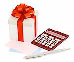 Gift and calculator. Objects isolated over white