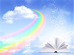 Horizontal background with magic book and rainbow