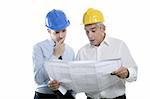 architect engineer two expertise team plan talking hardhat white background