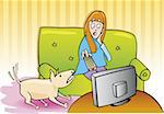 Cartoon illustration of dog wants to go for a walk and girl watching television