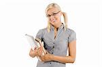 cute blond girl with book and glasses looking and smiling at the camera