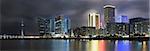 Panoramic cityscape in night with skyscraper and buildings and river in Macao, China.