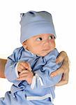 Baby boy at mother hand  on a white background