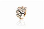 Beauty gold ring with diamond gems on white background