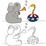 A political image of a elephant snake charmer.