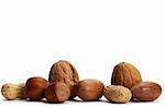 two of each pecan hazelnuts walnuts and peanuts on white background