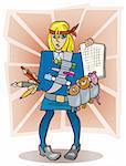 Cartoon illustration of blonde girl student ready to exam