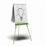 green flipchart with a light bulb drawn on it, image is over a white background