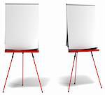 red flipchart over a white background, paper is white and empty, one front view and one profile view